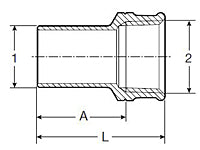 Bronze press adapter with 1-1/4" connections on both ends, cylindrical body with measurement dimensions shown.