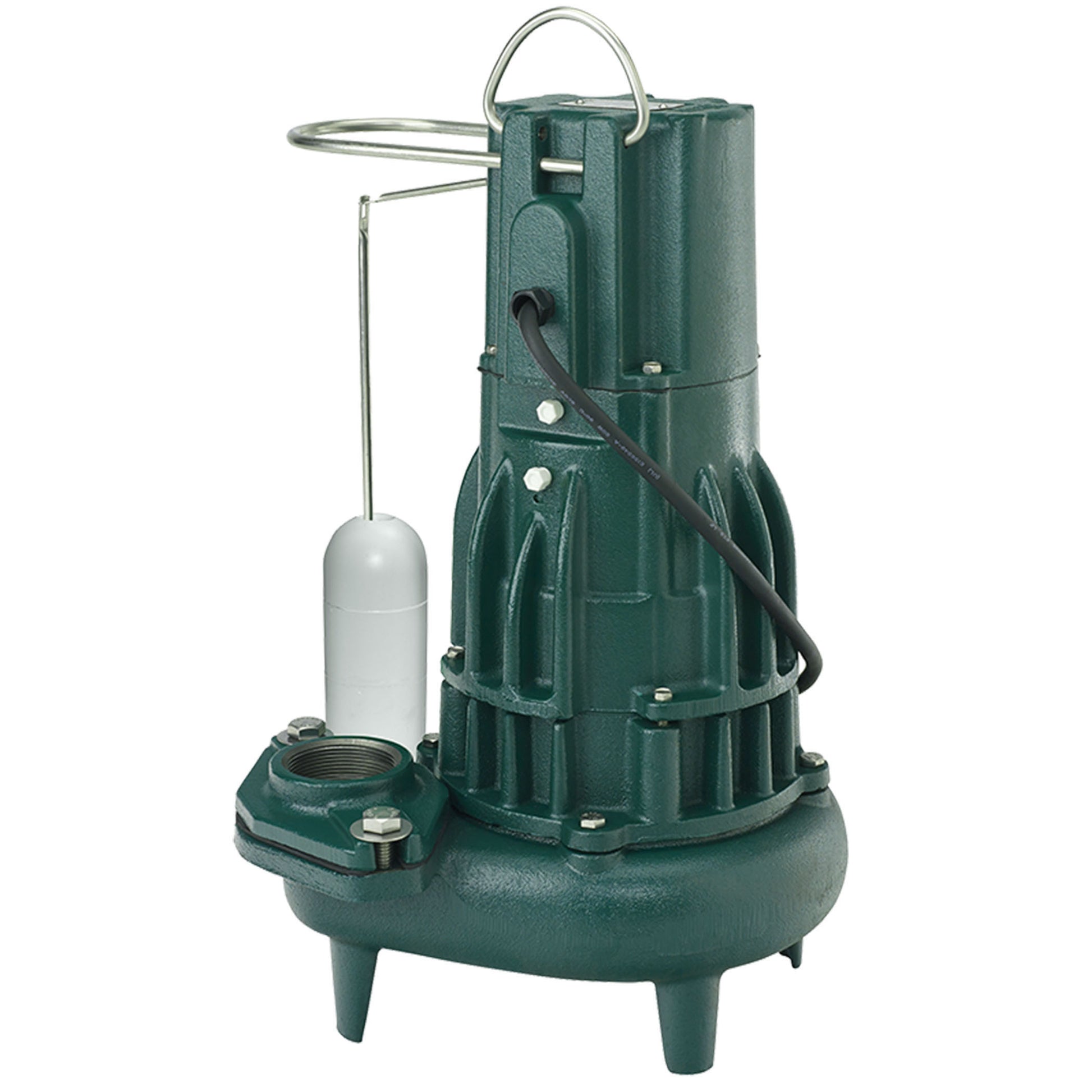 Green cast iron sewage pump with white float switch, metal discharge pipe, and black electrical cord attached to side.