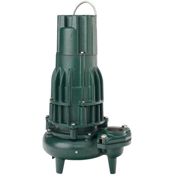 Green cast iron submersible sewage pump with ribbed motor housing, metal lifting handle, and three outlet ports at base.