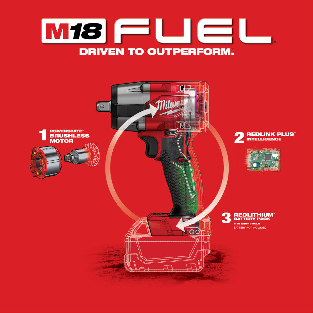 Milwaukee M18 FUEL 1/2" mid-torque impact wrench with red and black housing, shown with internal components highlighted on re
