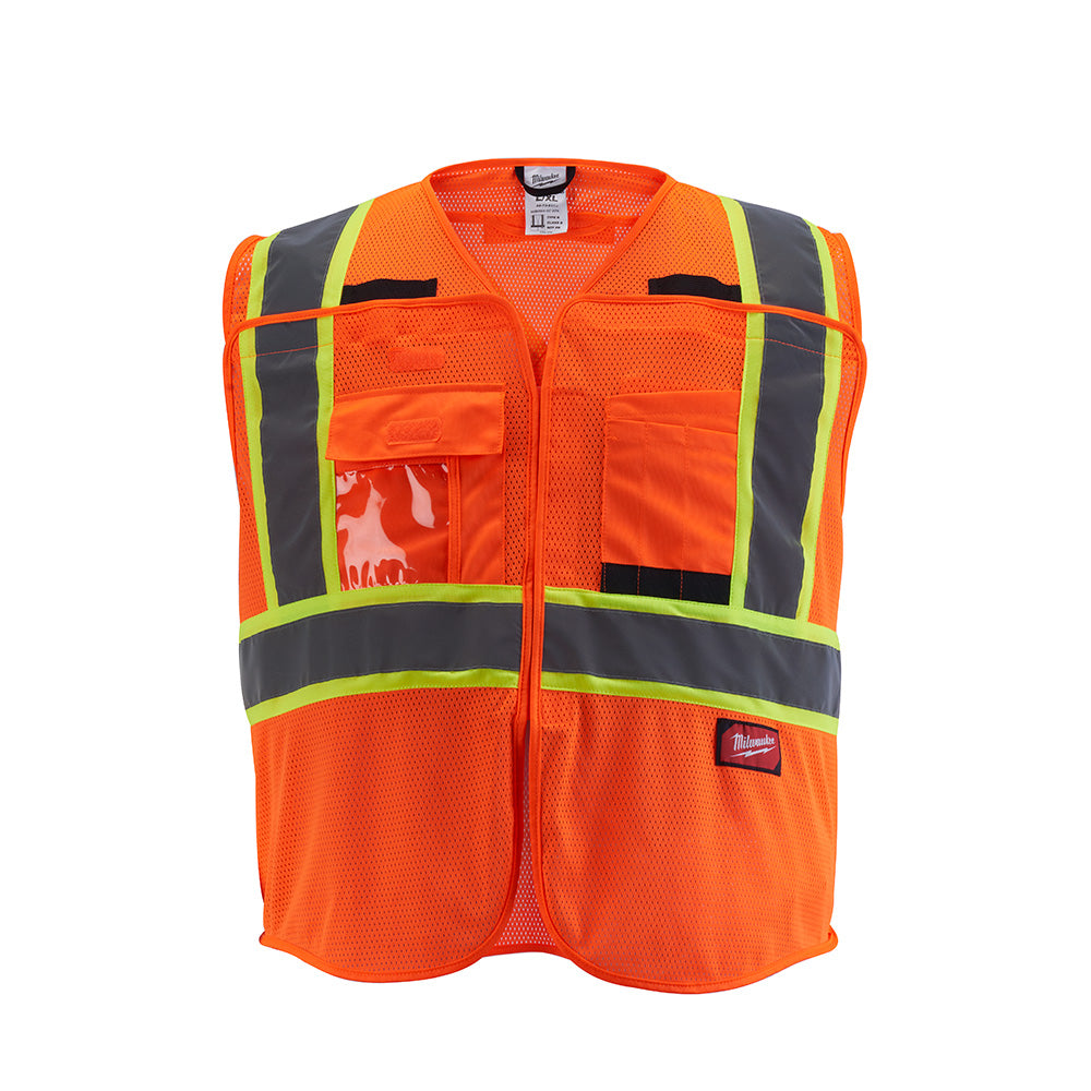 Orange mesh safety vest with reflective stripes, multiple pockets, and breakaway front closure.