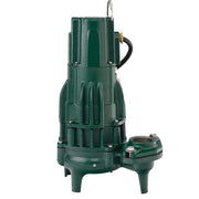 Green cylindrical submersible sewage pump with black cord, ribbed housing, and metal fittings on top.