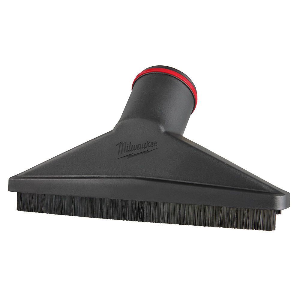 Black triangular floor brush tool with gray bristles and red and gray cylindrical handle attachment.