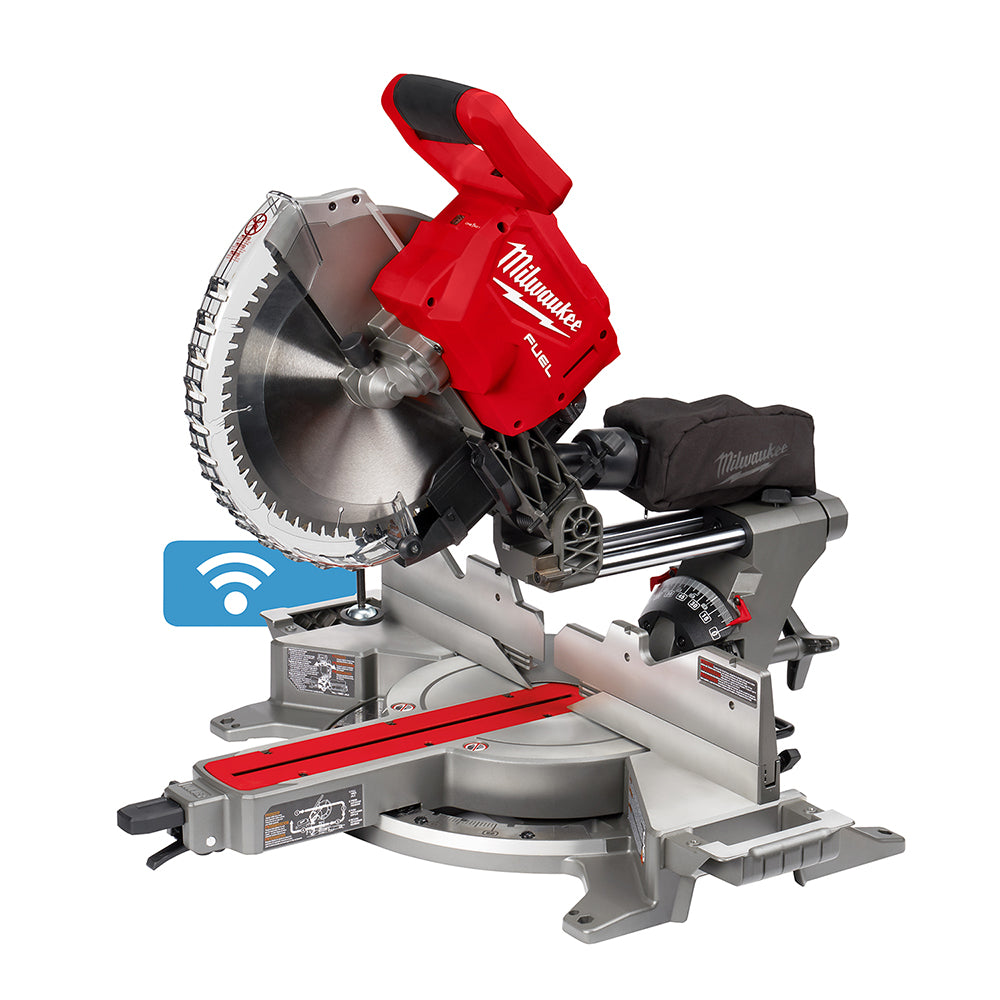 Red and gray Milwaukee M18 FUEL dual bevel sliding compound miter saw with 12-inch circular blade and Wi-Fi connectivity icon
