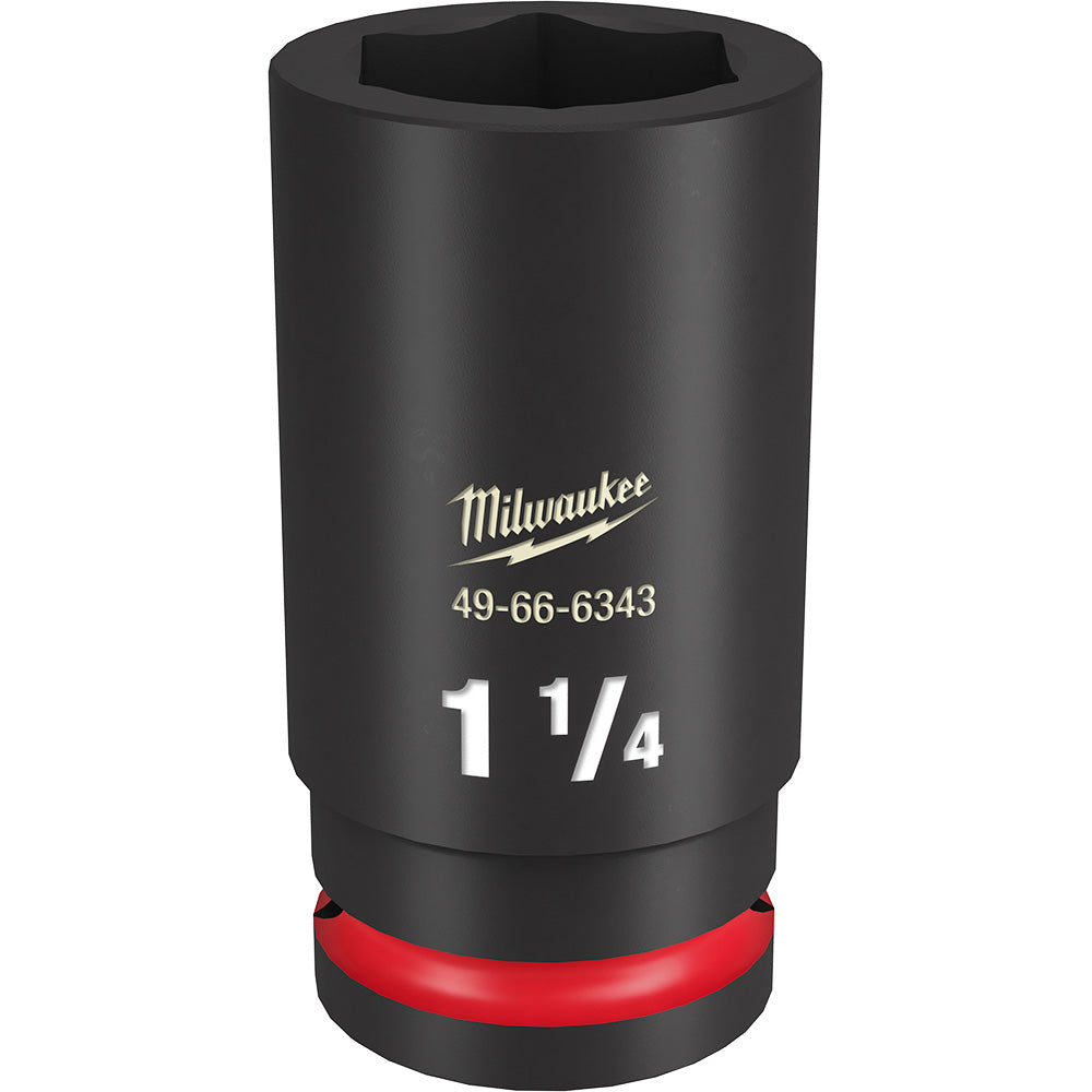 Black Milwaukee deep socket with 1 1/4" size marking and red grip band at base.
