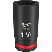 Black Milwaukee deep socket with 1 1/4" size marking and red grip band at base.