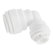 White polypropylene push-to-connect reducing elbow with 3/8" and 1/4" ports angled ninety degrees.