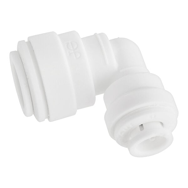 White polypropylene push-to-connect reducing elbow with 3/8" and 1/4" ports angled ninety degrees.