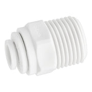 White polypropylene push-to-connect male connector with threaded NPTF end and smooth connection port.