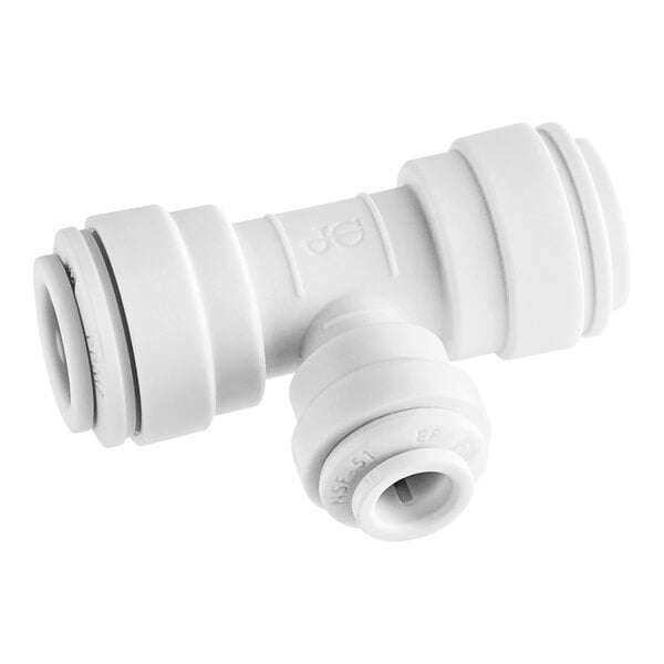 White polypropylene push-to-connect reducing tee fitting with three ports in different sizes.
