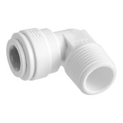 White polypropylene push-to-connect elbow fitting with threaded port on one end and smooth port on the other.