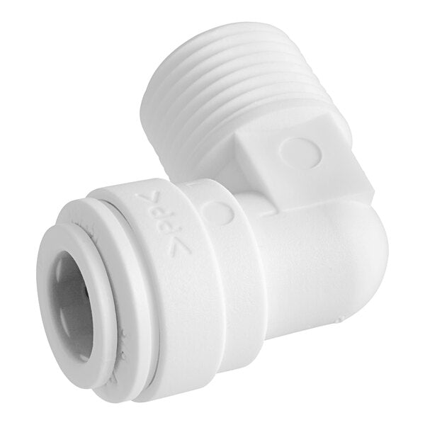 White polypropylene push-to-connect elbow connector with threaded inlet and outlet ports at 90-degree angle.