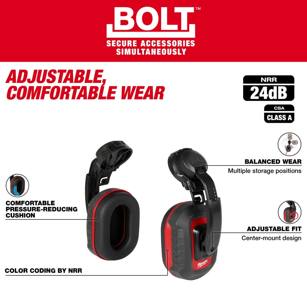 Black and red earmuffs with padded ear cups, adjustable headband, and center-mount design for hearing protection.