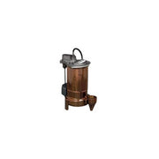 Cast iron submersible sump pump with copper-bronze cylindrical body, black motor housing on top, and attached power cord.