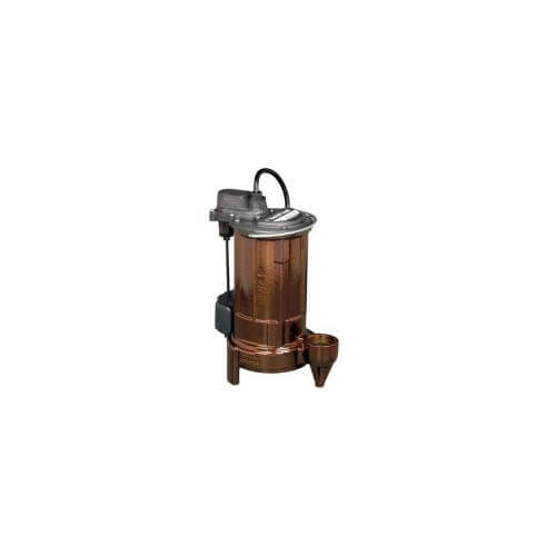 Cast iron submersible sump pump with copper-bronze cylindrical body, black motor housing on top, and attached power cord.