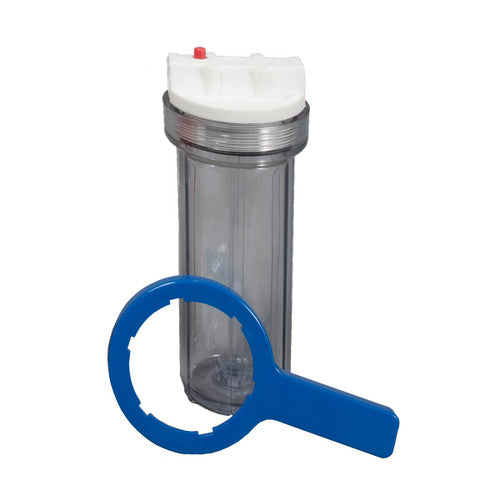 Sterling Water Treatment Clear Housing for 2.5 inch by 10 inch Cartridge with 3/4 inch Ports, Includes Wrench and Mounting Bracket - HC34K