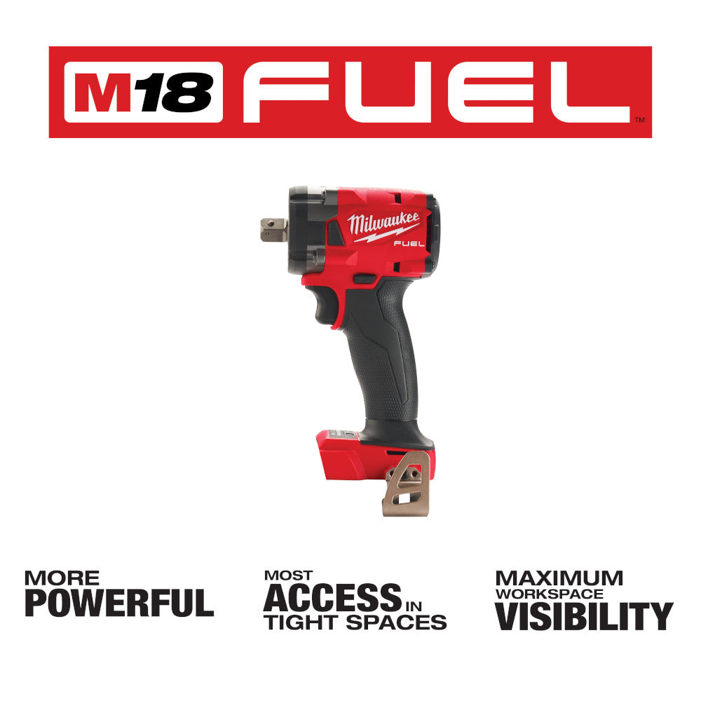 Milwaukee M18 FUEL 1/2 inch compact impact wrench with red and black body and pin detent socket attachment.