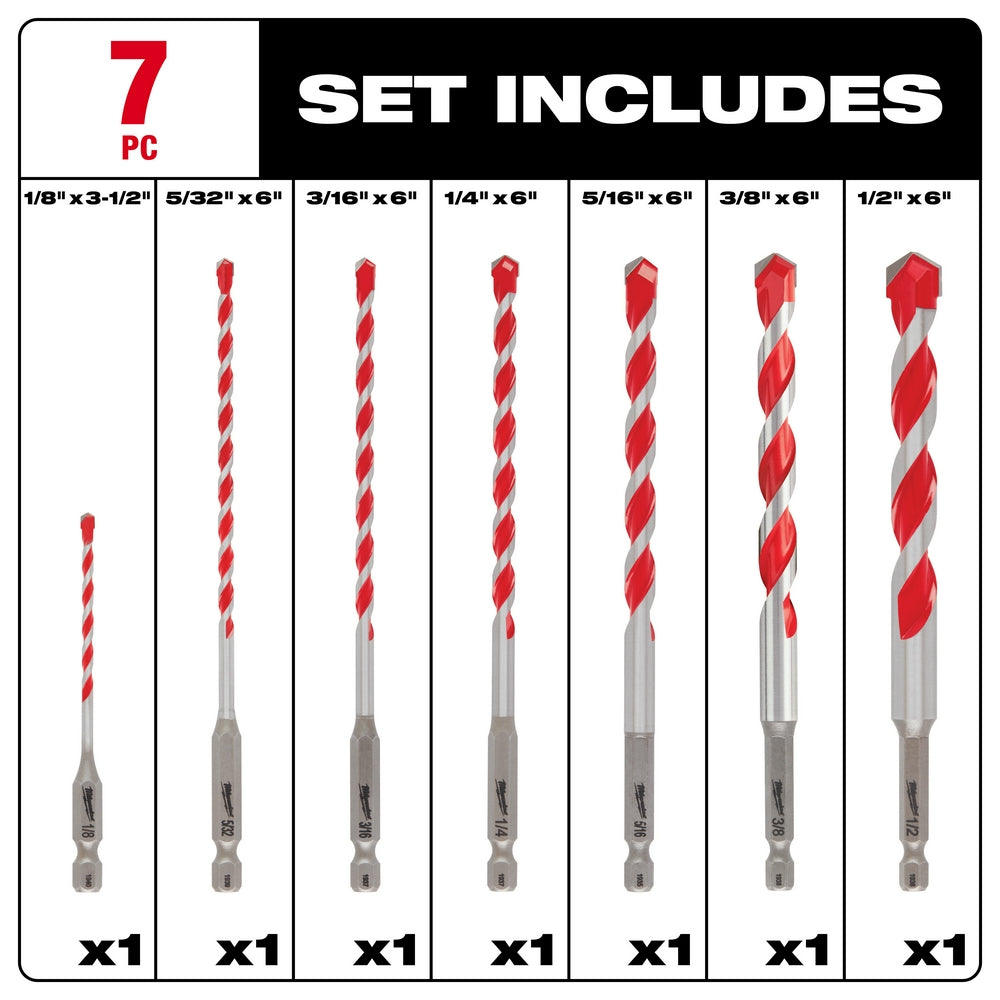 Seven red and gray carbide hammer drill bits in varying sizes from 1/8" to 1/2" diameter.