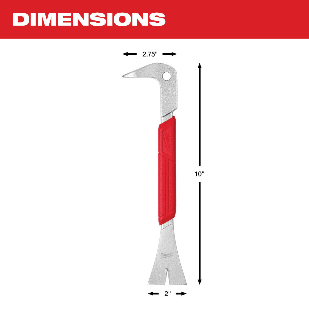 Milwaukee 10" molding puller pry bar with metal head and red grip handle, shown with dimensions.