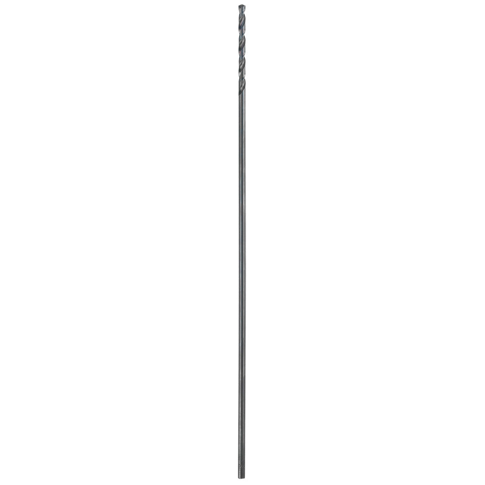 Black oxide aircraft length drill bit with twisted flutes and pointed tip.