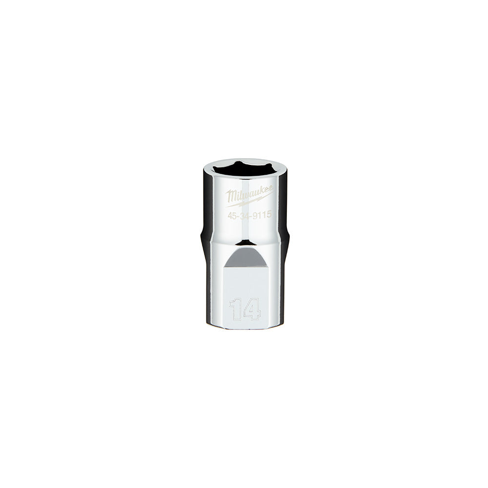 Chrome 1/2 in. drive 14mm metric 6-point socket with four flat sides and Milwaukee branding.
