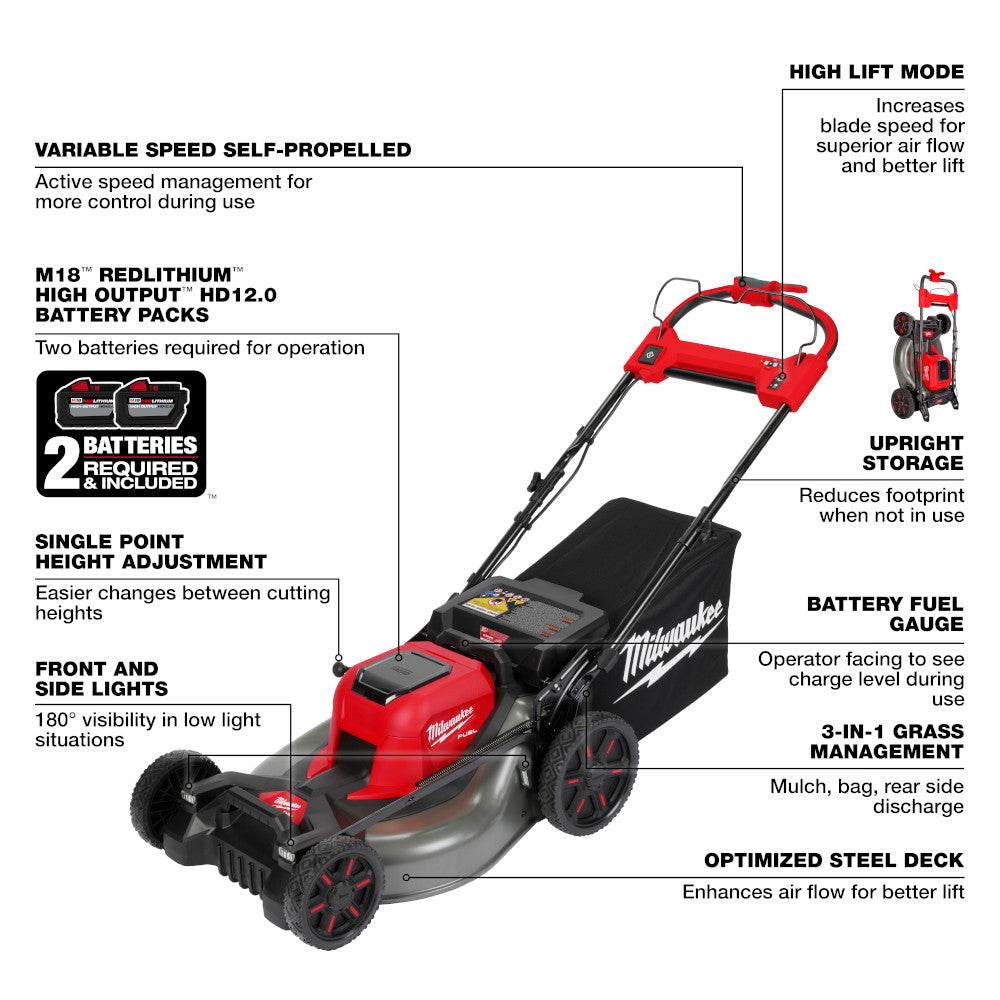 Red and black Milwaukee M18 FUEL 21" self-propelled lawn mower with dual battery system, shown from front angle with upright 
