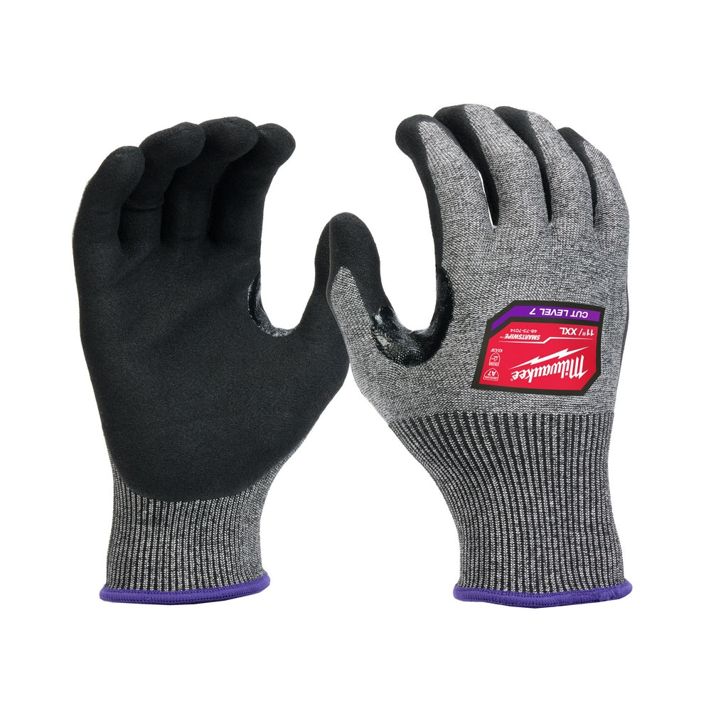 Gray knit gloves with black nitrile-dipped palms and purple cuff trim, shown front and back view.