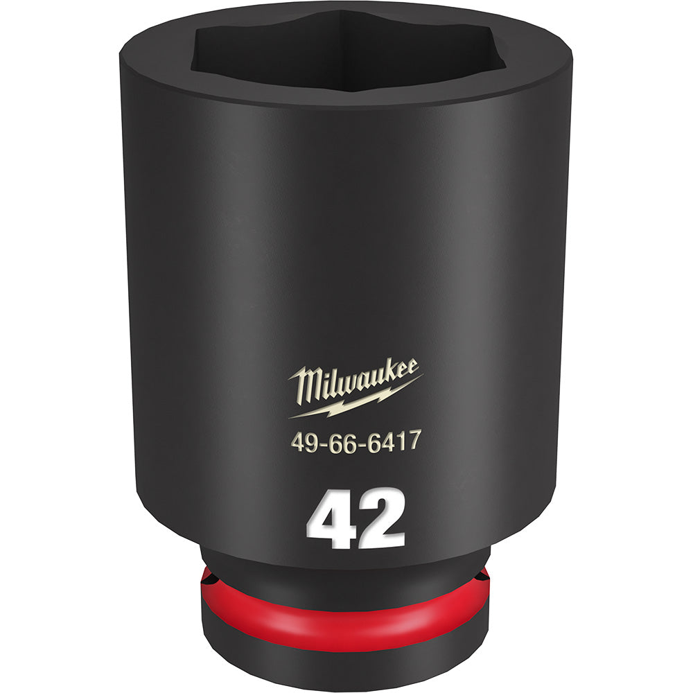 Black 42MM deep socket with hexagonal opening and red band at base, Milwaukee branding and model number visible.