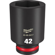 Black 42MM deep socket with hexagonal opening and red band at base, Milwaukee branding and model number visible.