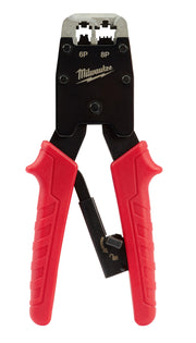 Milwaukee modular crimper with black head labeled 6P and 8P, red handles, and metal crimping jaws.