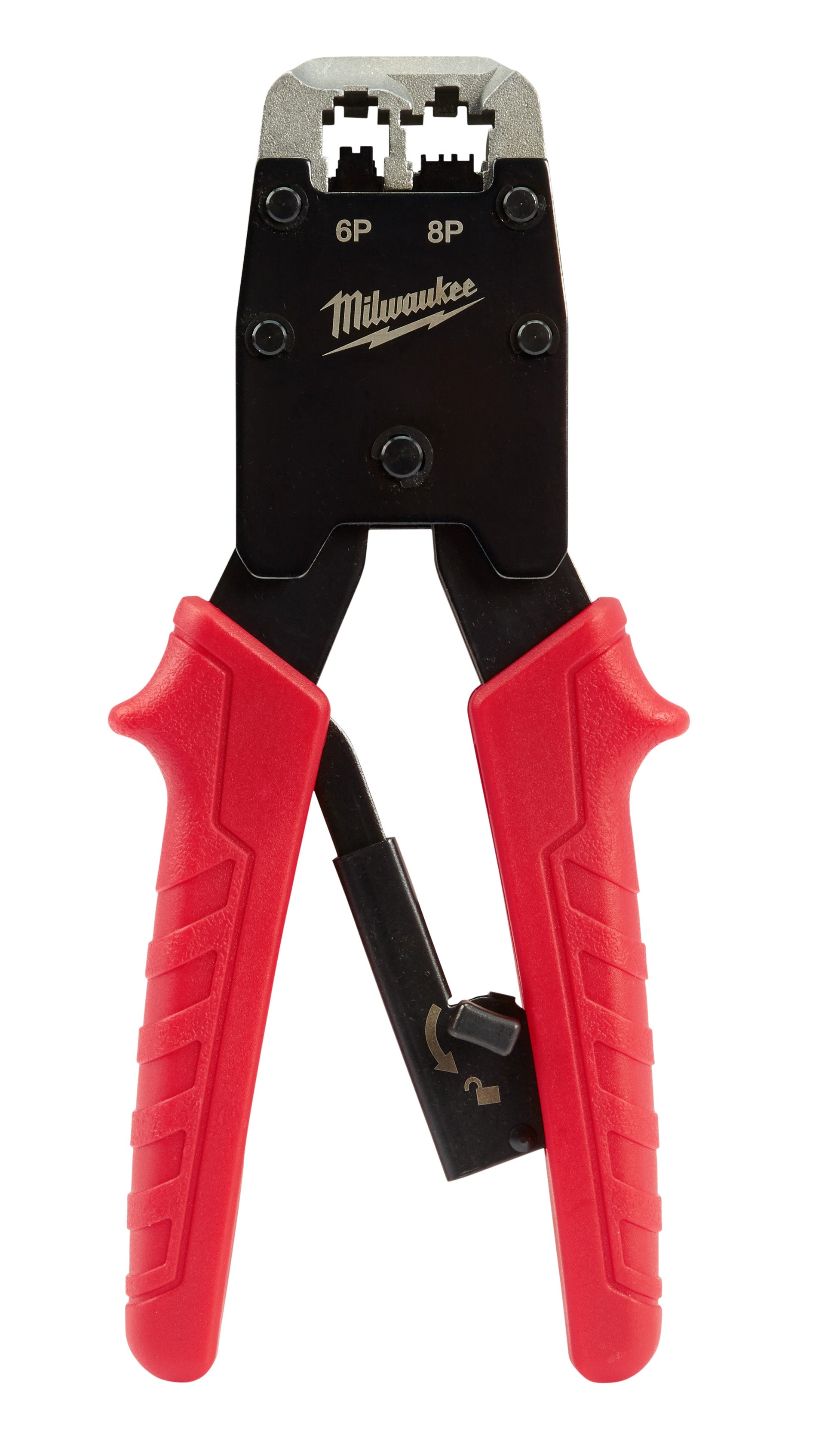 Milwaukee modular crimper with black head labeled 6P and 8P, red handles, and metal crimping jaws.