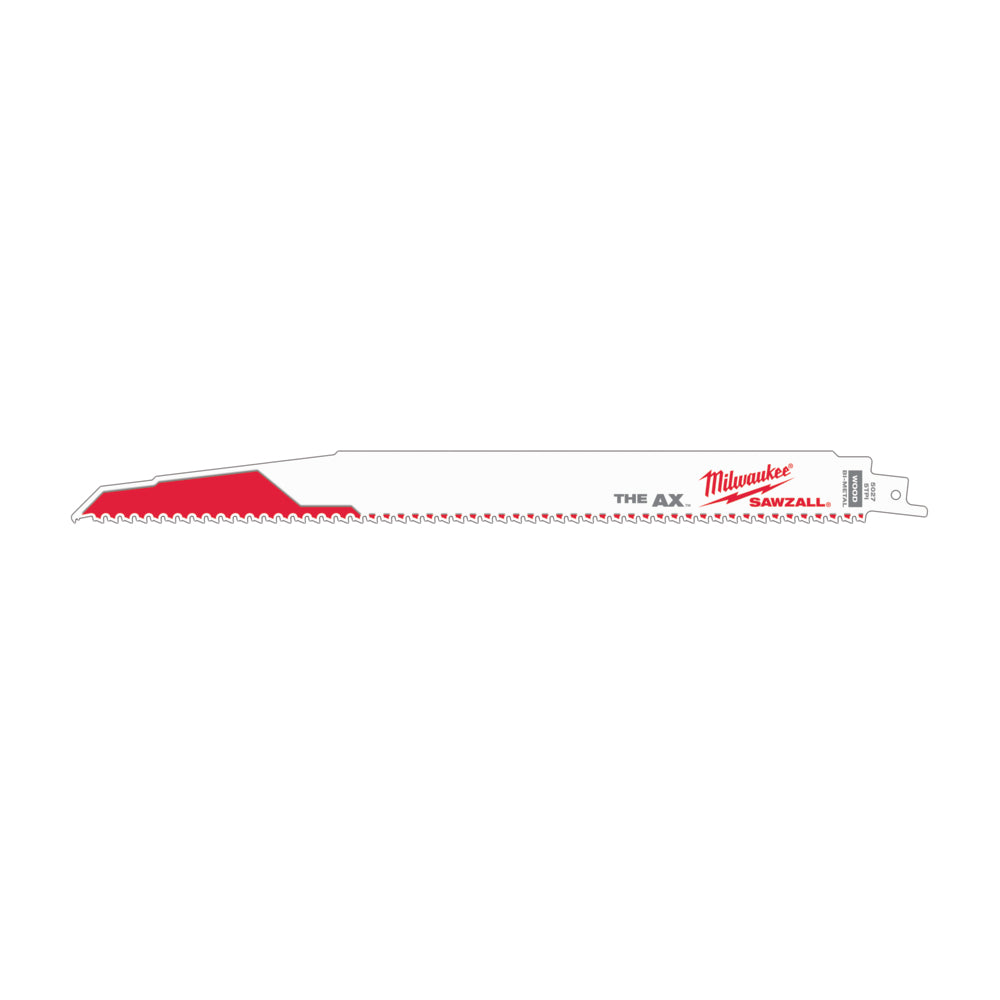Milwaukee The Ax 12-inch reciprocating saw blade with red coating and fine teeth pattern.