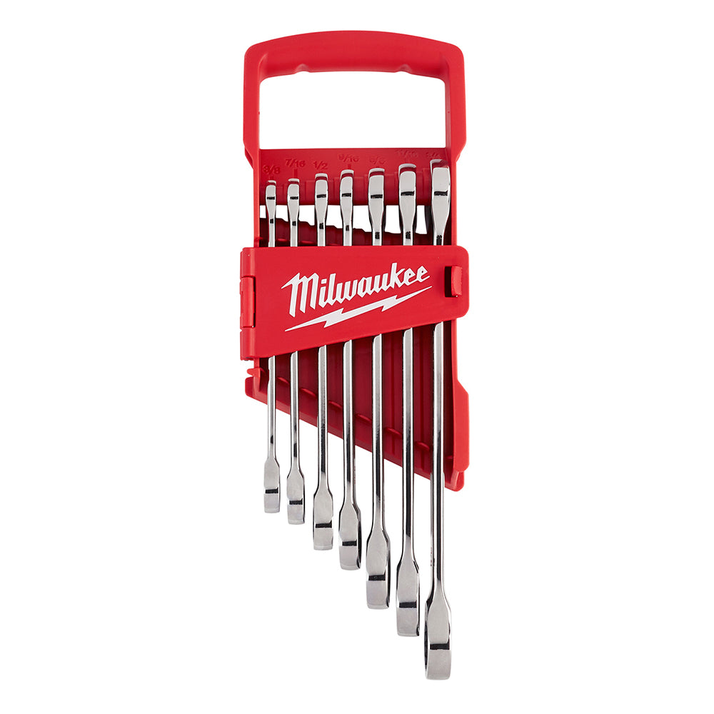 Seven ratcheting combination wrenches in SAE sizes stored in red Milwaukee case with handle.