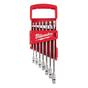 Seven ratcheting combination wrenches in SAE sizes stored in red Milwaukee case with handle.