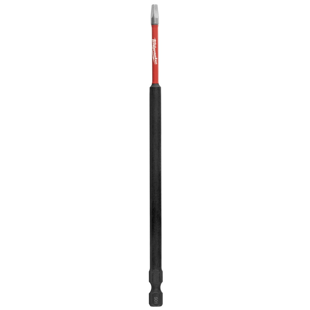 Milwaukee Shockwave 6-inch SQ1 impact driver bit with red and black shaft and gray square tip.