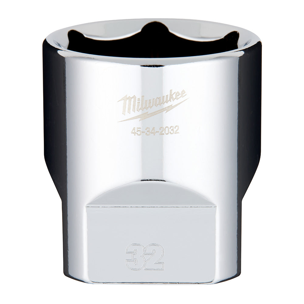 Milwaukee 1/2" drive 32mm socket with polished chrome finish and black grip band.