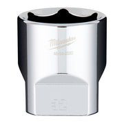 Milwaukee 1/2" drive 32mm socket with polished chrome finish and black grip band.
