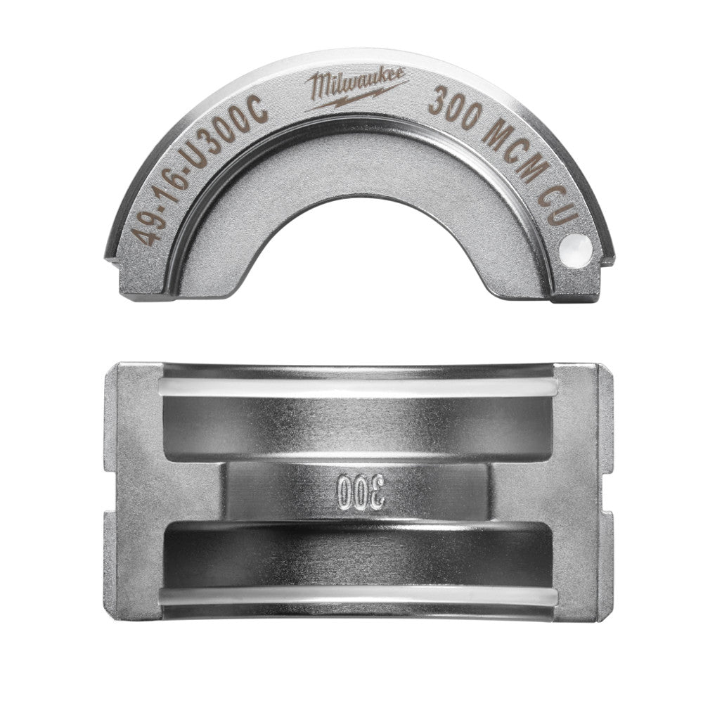 Milwaukee 49-16-U300C 300 MCM copper U style die showing top curved die and bottom rectangular die with marking grooves.