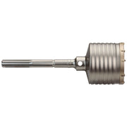 Metal SDS-Max core bit with cylindrical shaft and segmented cutting head on right end.