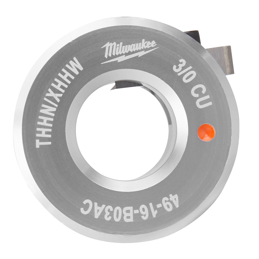 Milwaukee 3/0 AWG THHN/XHHW copper bushing with gray metal disc, central hole, and orange indicator dot.