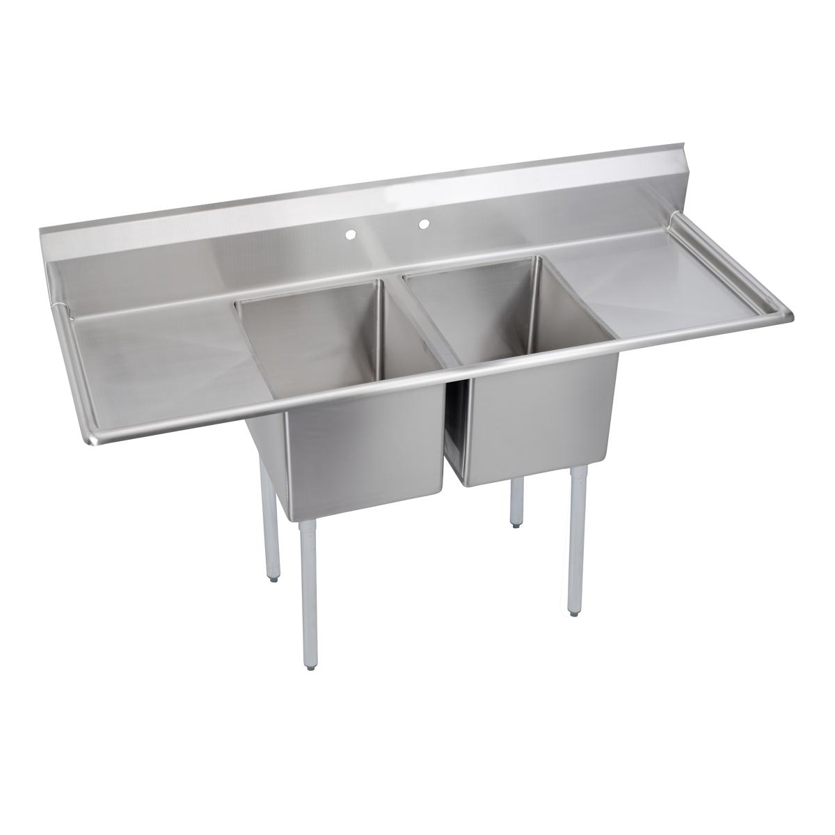 Stainless steel two-compartment sink with left and right drainboards and four legs.