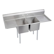 Stainless steel two-compartment sink with left and right drainboards and four legs.