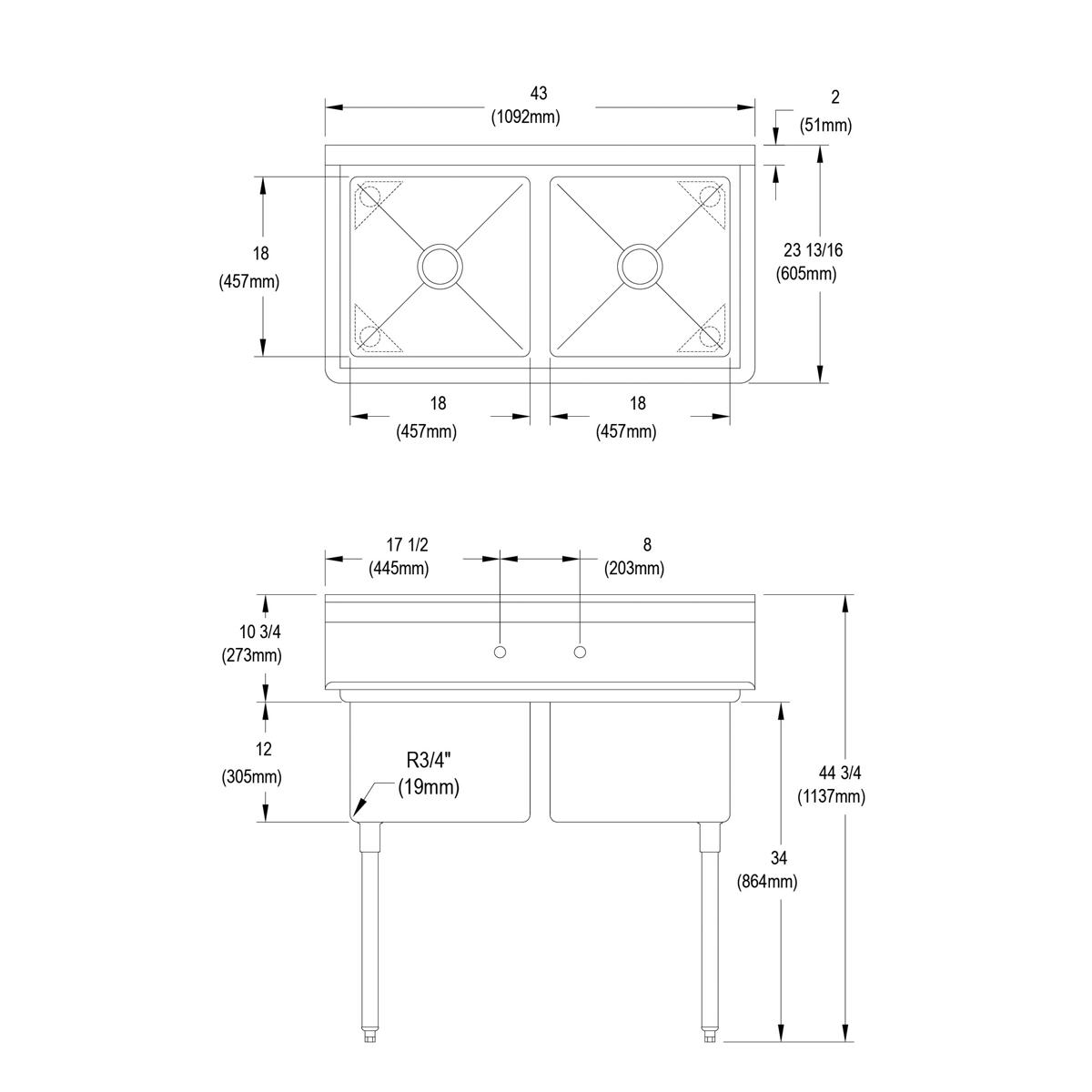 Stainless steel two-compartment sink with faucet holes and four legs, shown in top and side technical drawings with dimension