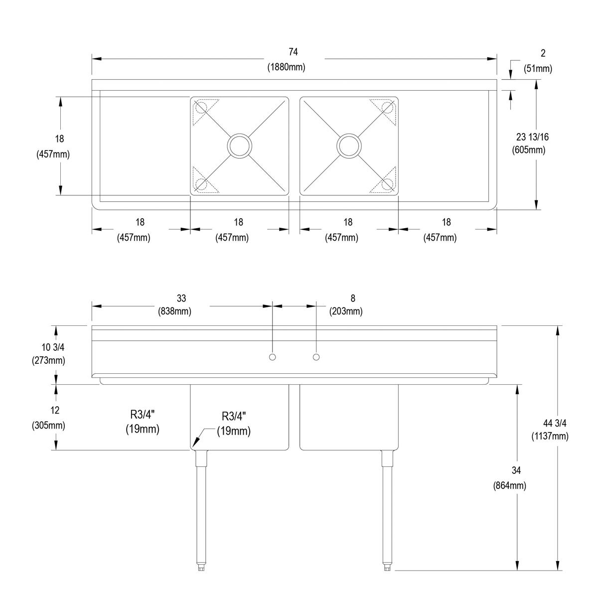 Top and side technical drawings of a stainless steel two-compartment sink with 18-inch drainboards on both sides and four leg