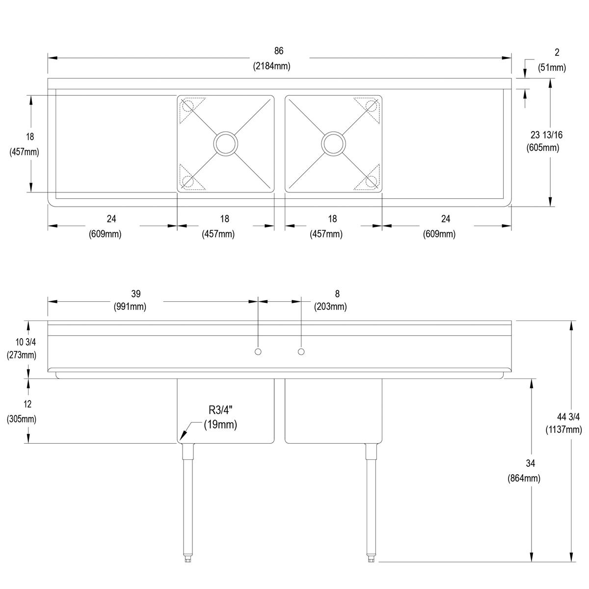 Top and front technical drawing of stainless steel two-compartment sink with drainboards and leg dimensions labeled.