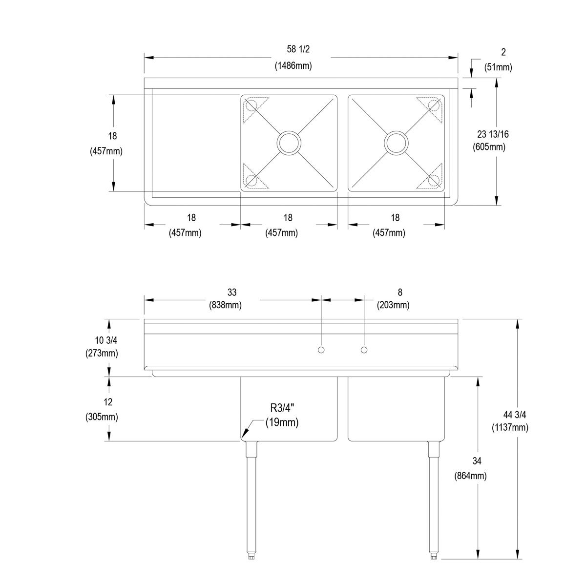 Stainless steel two-compartment sink with 18" left drainboard and four legs, shown in top and front elevation technical drawi