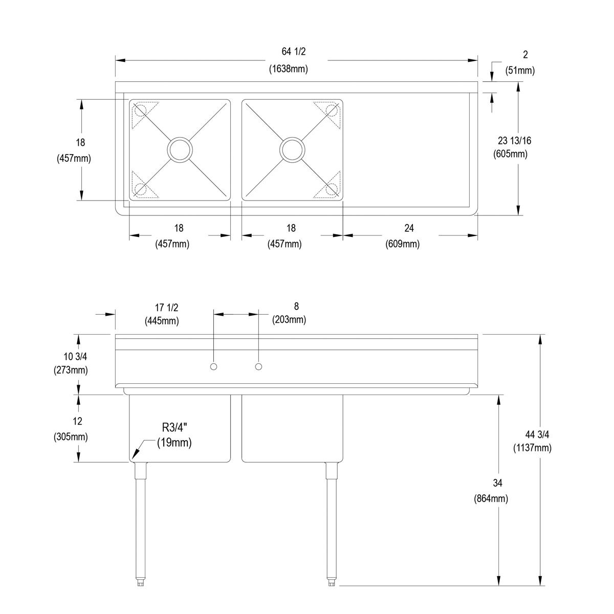 Two-compartment stainless steel sink with 24" right drainboard and stainless steel legs.
