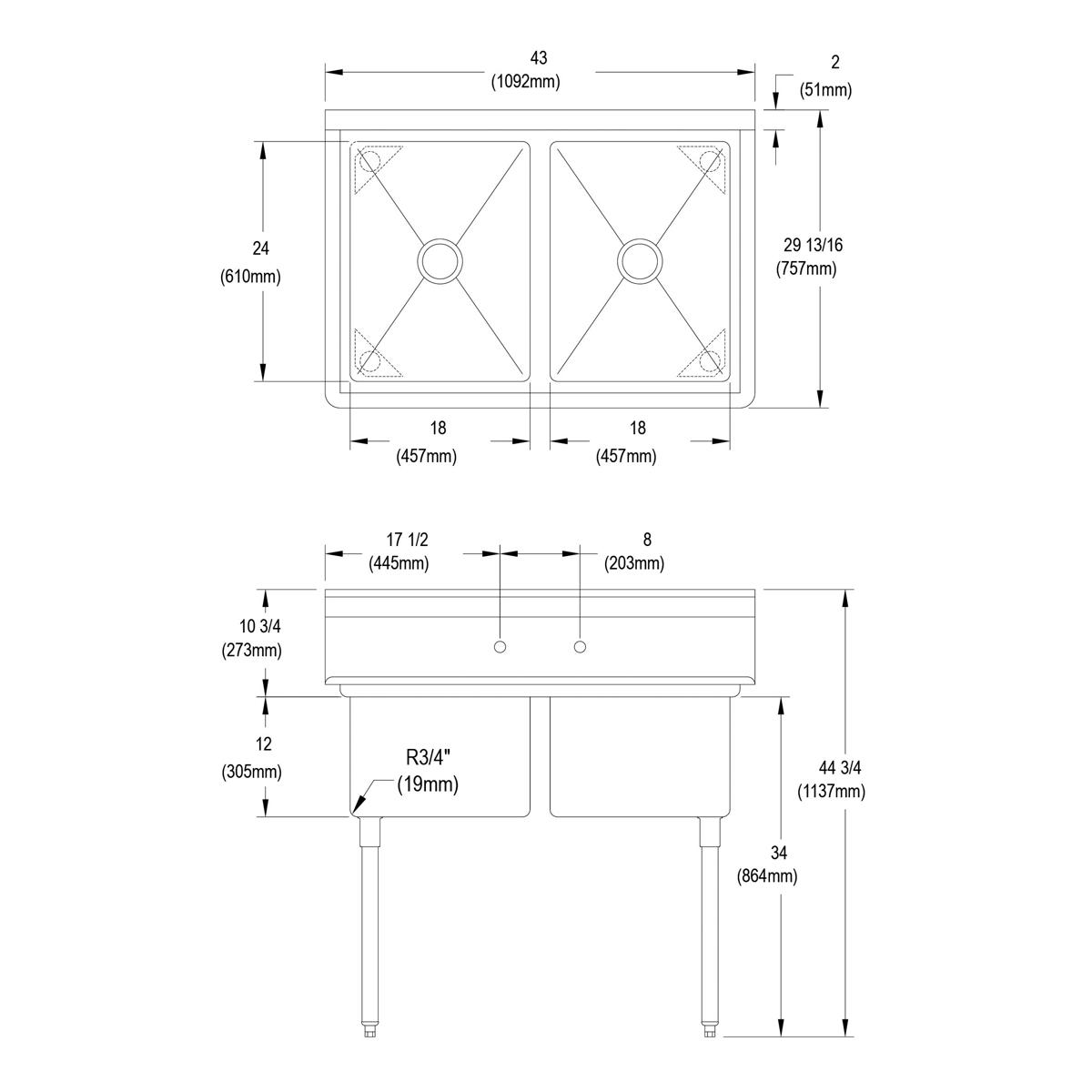 Elkay Dependabilt Stainless Steel 43" x 29-13/16" x 44-3/4" 16 Gauge Two Compartment Sink with Stainless Steel Legs