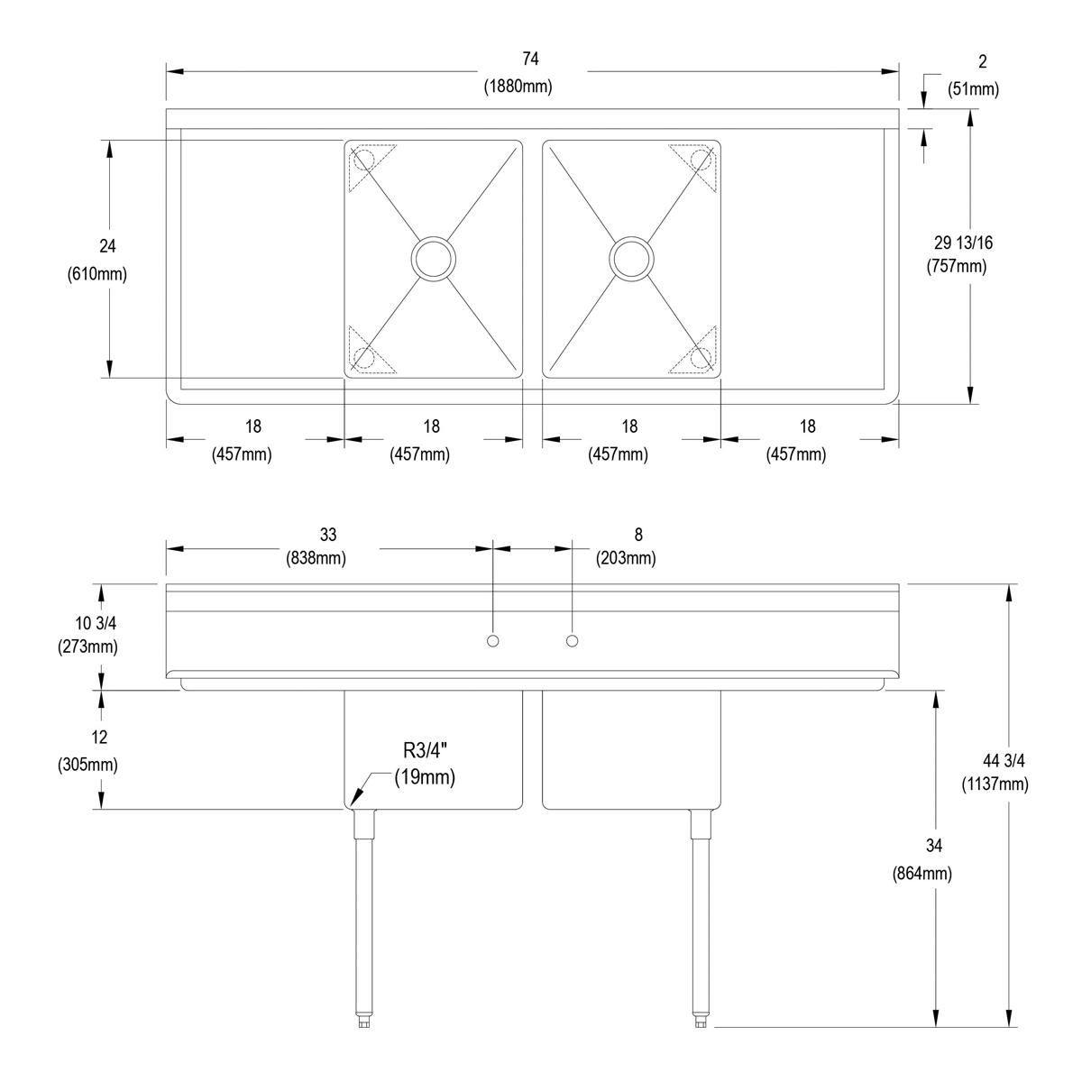 Stainless steel two-compartment sink with 18-inch drainboards on each side and stainless steel legs, shown in top and side sc