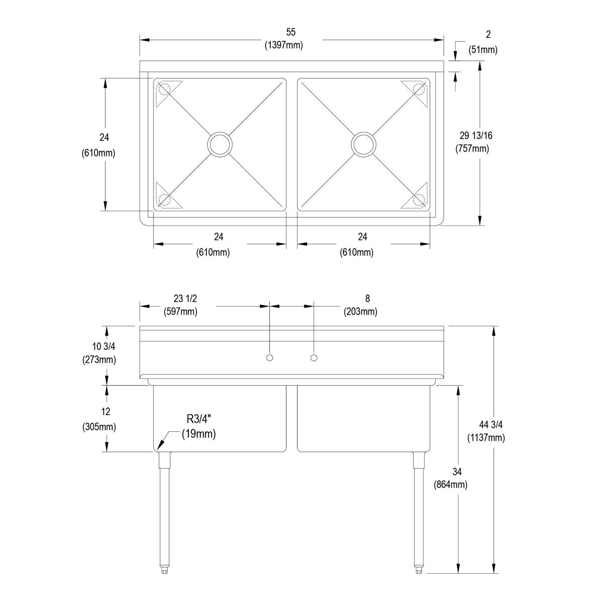 Technical blueprint showing top and side views of a stainless steel two-compartment sink with dimensions and drainage specifi